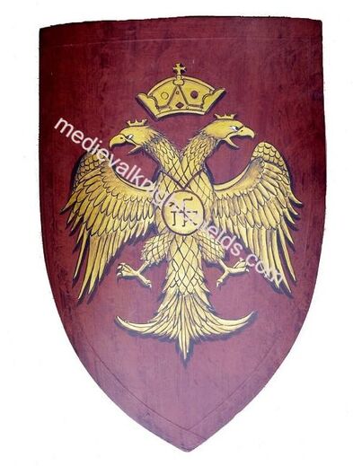 Zweiköpfiger Adler- Byzantinisches Reich, Wappenschild Gold auf antik Rot 