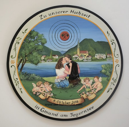 Tegernsee Hochzeitsscheibe 50 cm - Portraitmalerei mit Engeln
