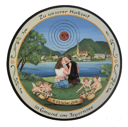 Schützenscheibe, Tegernsee Hochzeitsscheibe 50 cm - Portraitmalerei mit Engeln