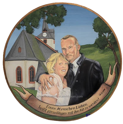 Schützenscheibe. Hochzeitsscheibe  -  Portraitmalerei und Kirche
