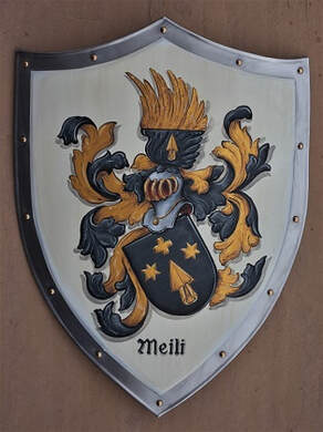 Wappen Meili Ritterschild 30 x 25 cm  - Bemalung echte Goldfarbe