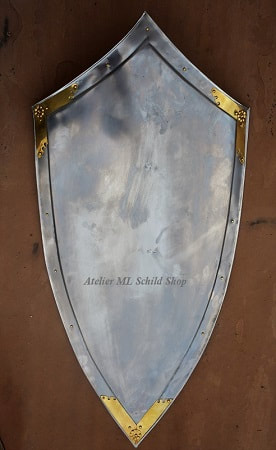 Stahl Wappenschild mit Messing-decor,  4-spitz Mittelalter Schild